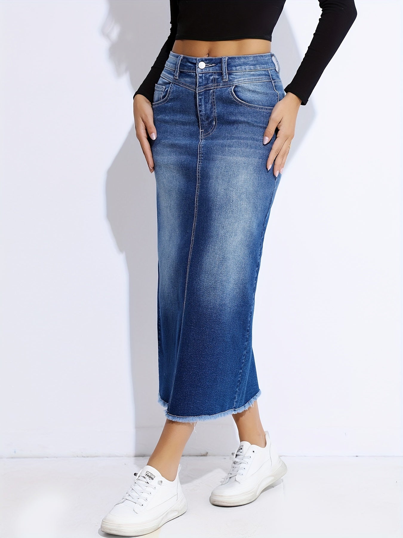 Blue Raw Hem Denim Skirt, High-Stretch Slant Pockets Split Back Denim Midi Skirt, Women's Denim Clothing - Mammalook