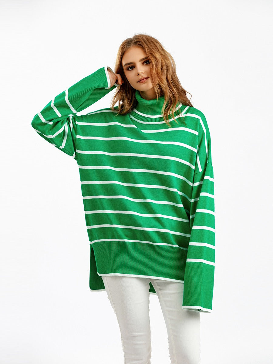 Elegant Autumn Winter Sweater Women Pullovers Loose Striped Casual Knit Chic Jumper Women Sweater - Mammalook