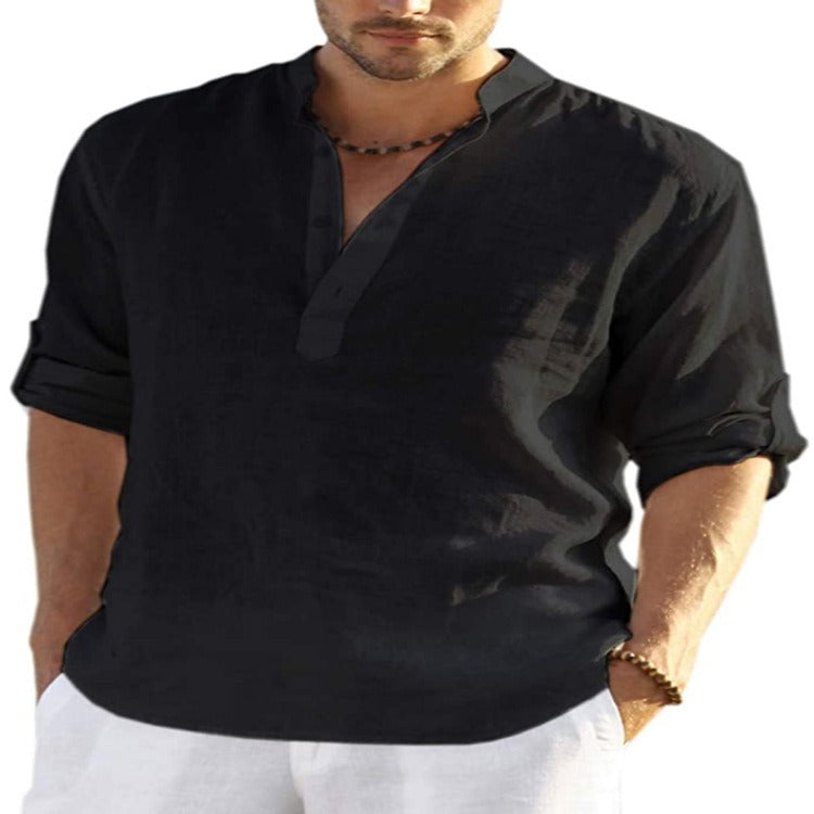 Mens Linen Long Sleeved T Shirt Loose Sweatshirt Solid Color Long Sleeved Cotton Linen Shirt Mens Large - Mammalook