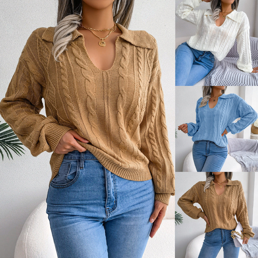 Casual Lapel Knitting Sweater with Fried Dough Twist and Lantern Sleeves - Mammalook