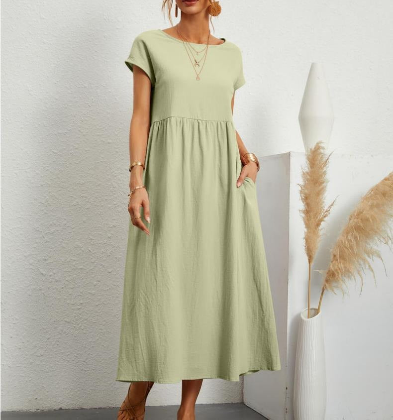 Solid color sleeveless loose pocket cotton linen dress - Mammalook