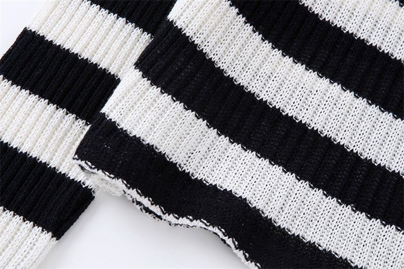 Autumn Women's Black And White Striped Top+Elastic Knitting Skirt Suit - Mammalook