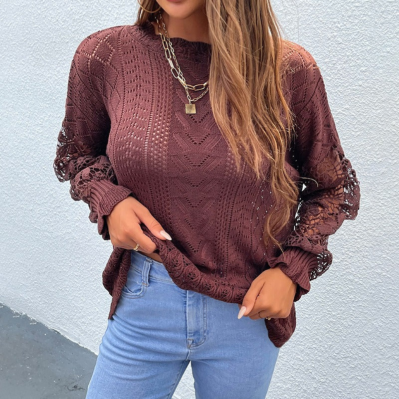 Women's Wear Autumn and Winter Lace Splice Knitwear New Hollow Sweater - Mammalook