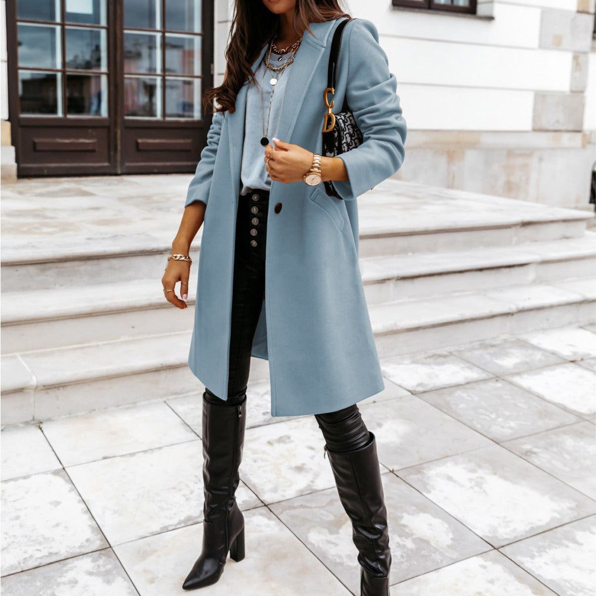 New autumn and winter women's solid color lapel mid length button down woolen coat jacket - Mammalook