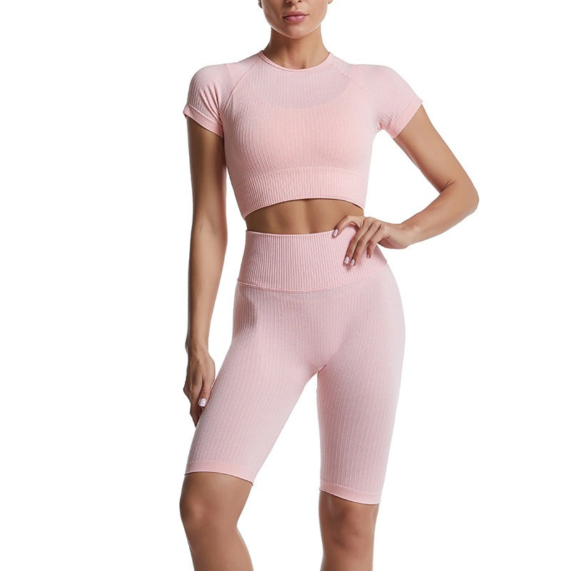 Threaded Yoga Suit Sportswear Summer Short-Sleeved Shorts Bra Tight-Fitting Clothes - Mammalook