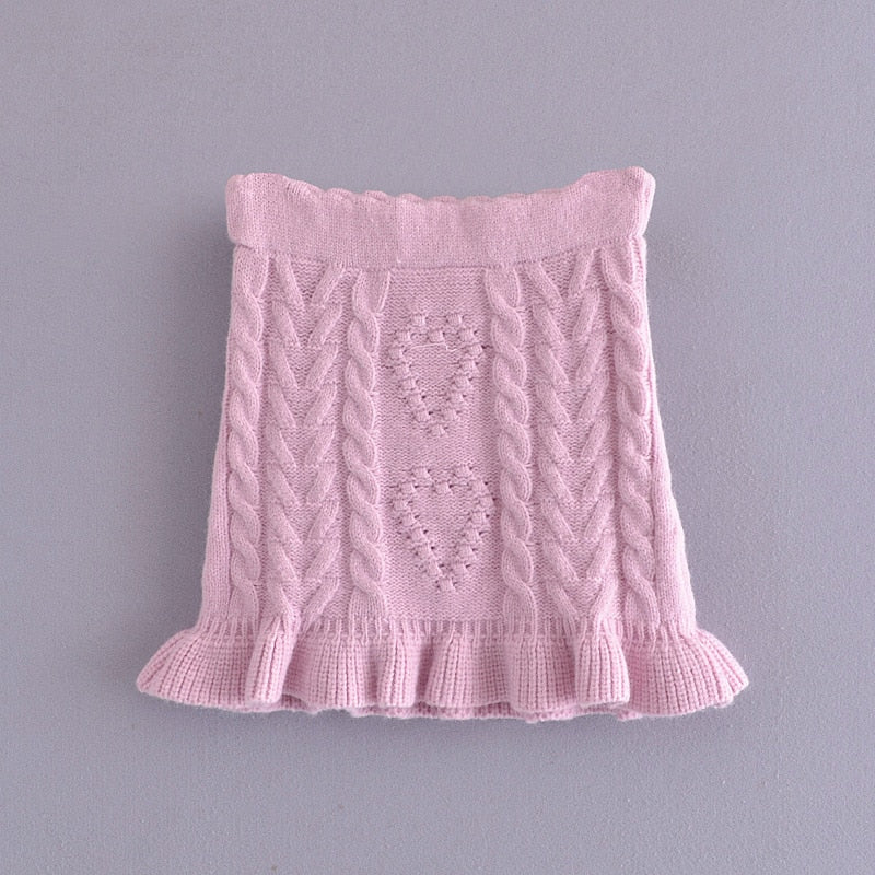 Knitted Twist Puff Long Sleeve Pullover Sweater with Ruffles Hem and High Waist Mini Skirt - Mammalook