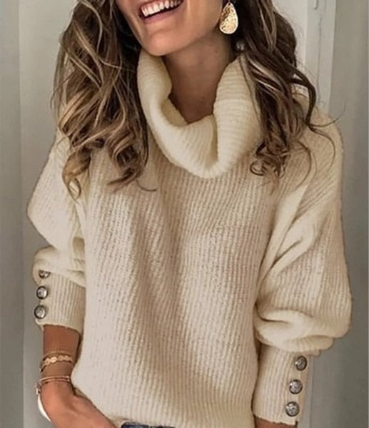 Women Turtleneck Sweaters Autumn Winter Elegant Solid High Collar Knitted Jumper Button Long Sleeve Loose Knitwear Pullovers - Mammalook