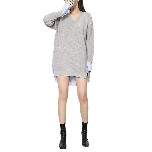 Patchwork Colorblock Sweater For Women V Neck Long Sleeve Loose Straight Knitting Pullover Female Fashion Clothing - Mammalook