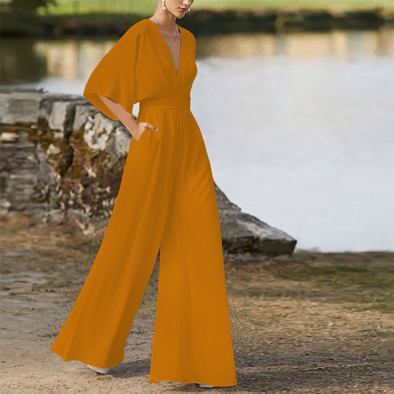 Jumpsuit deep V-high waist wide leg long pants women's dress - Mammalook