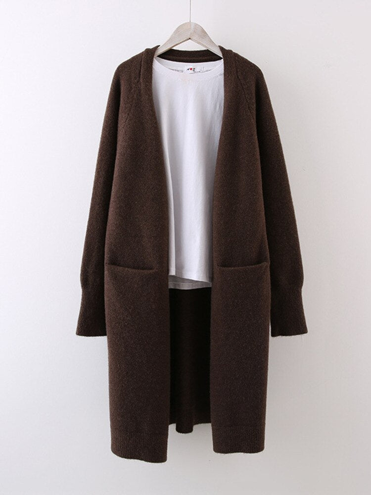 Woman Knitted Sweater Solid Pockets Long Sleeve Cardigan Simple Elastic Loose Casual Style Top New Autumn Fashion - Mammalook