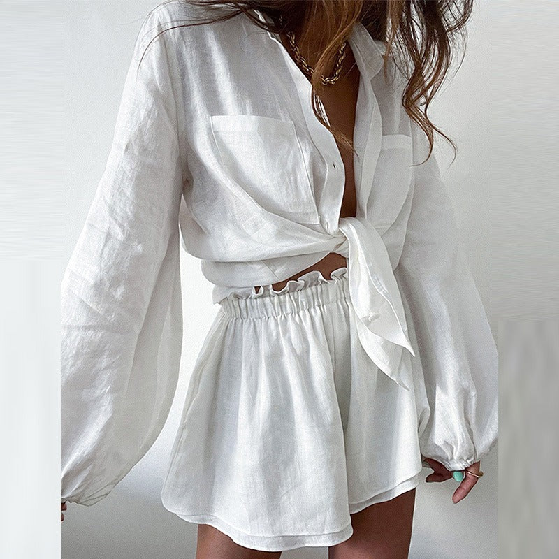 Casual ruffled edge shorts & shirt set