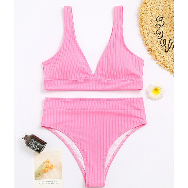 Peachtan Sexy solid ribbed bikinis 2021 mujer High waist swimsuit women V neck swimwear female Sport bathing suit Stripe biquini - Mammalook