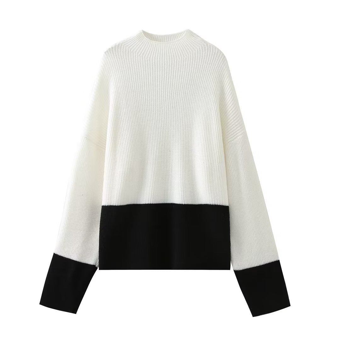 Women Knitted Patchwork Sweaters Slim Pullovers Mock Neck Long Sleeve Female Top - Mammalook