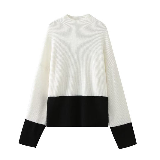 Women Knitted Patchwork Sweaters Slim Pullovers Mock Neck Long Sleeve Female Top - Mammalook