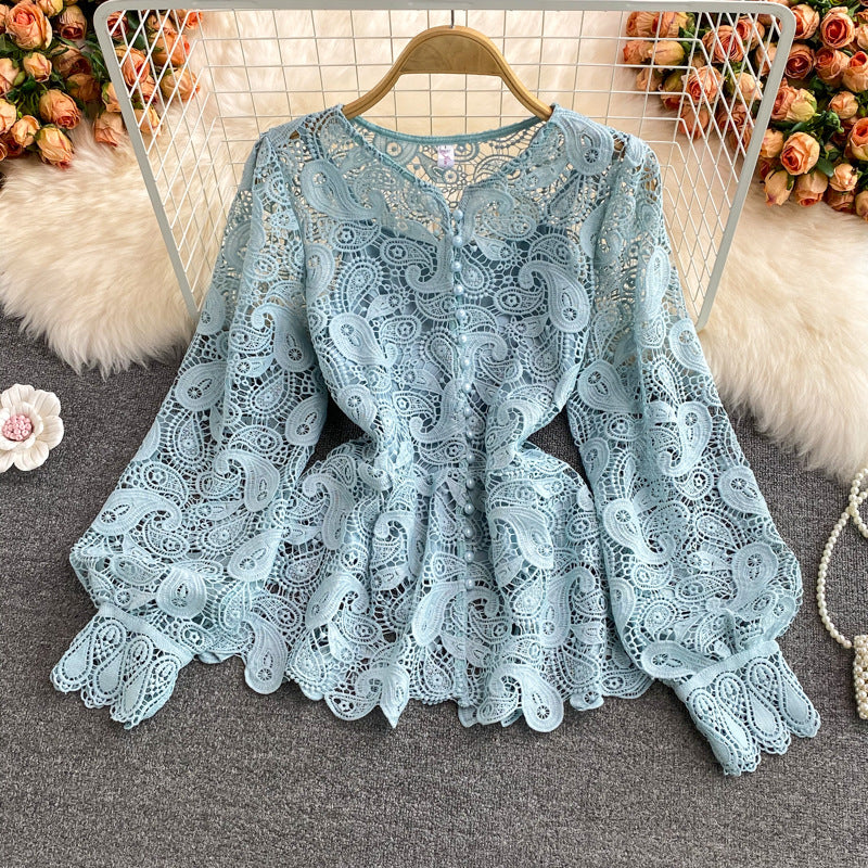 Round Neck Hollow Out Hook Flower Lace Shirt - Mammalook