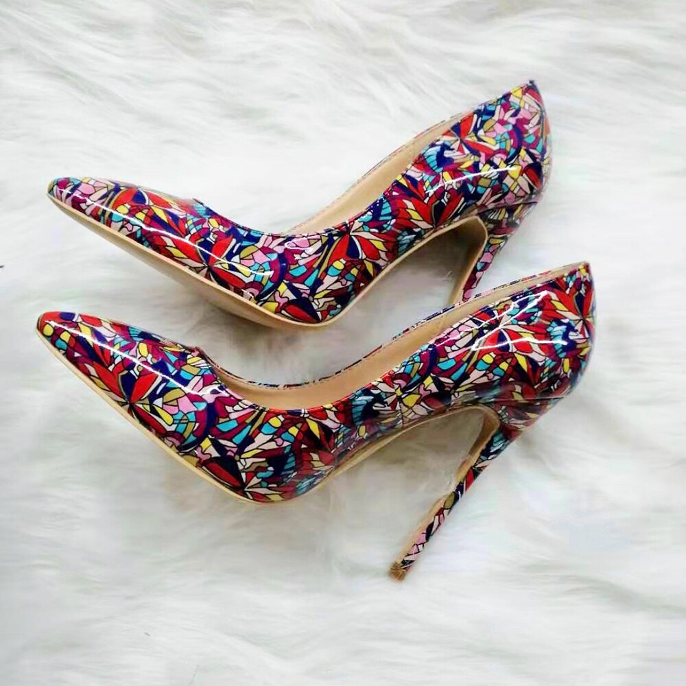 Tikicup Black Graphic Printed Women Pointy Toe High Heel Shoes Ladies Slip On Stiletto Pumps Plus Size 43 44 45 8cm 10cm 12cm - Mammalook