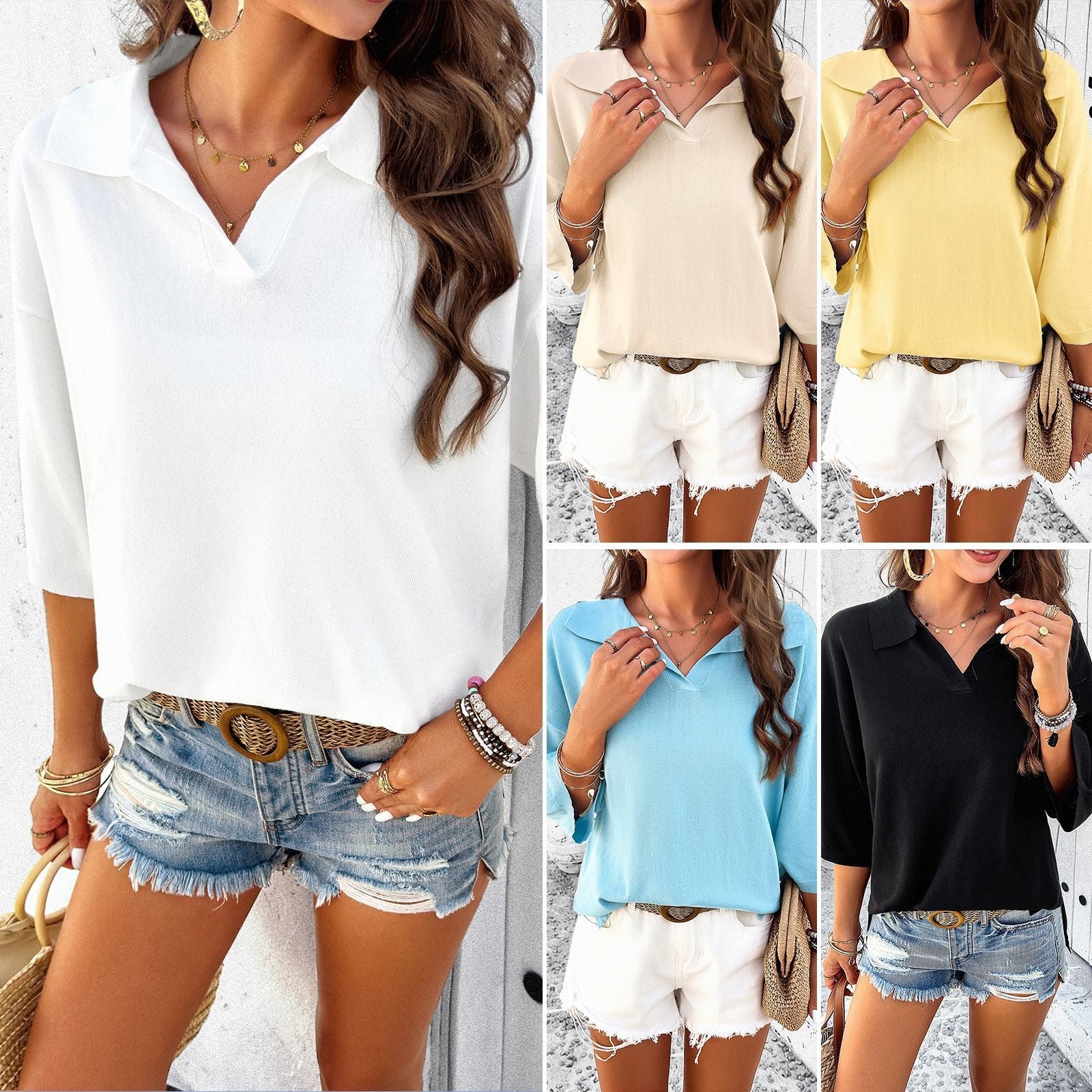 Women's spring and summer temperament solid color lapel loose sweater - Mammalook