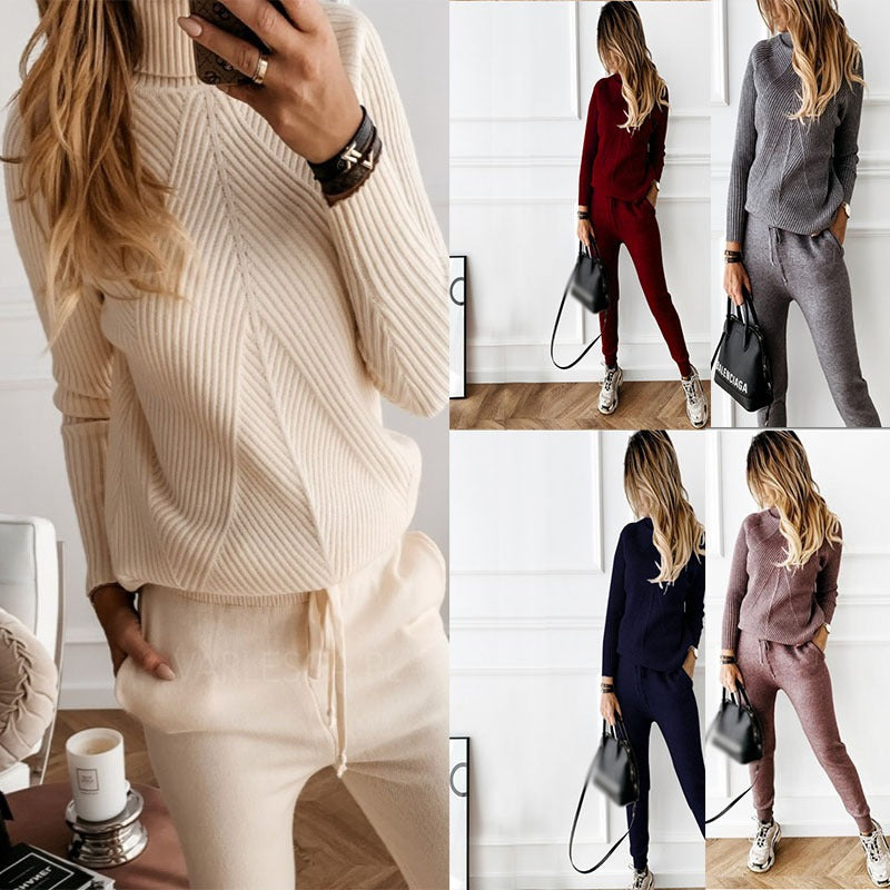 2-Piece High Collar Solid Color Sweater Set for Women - Mammalook