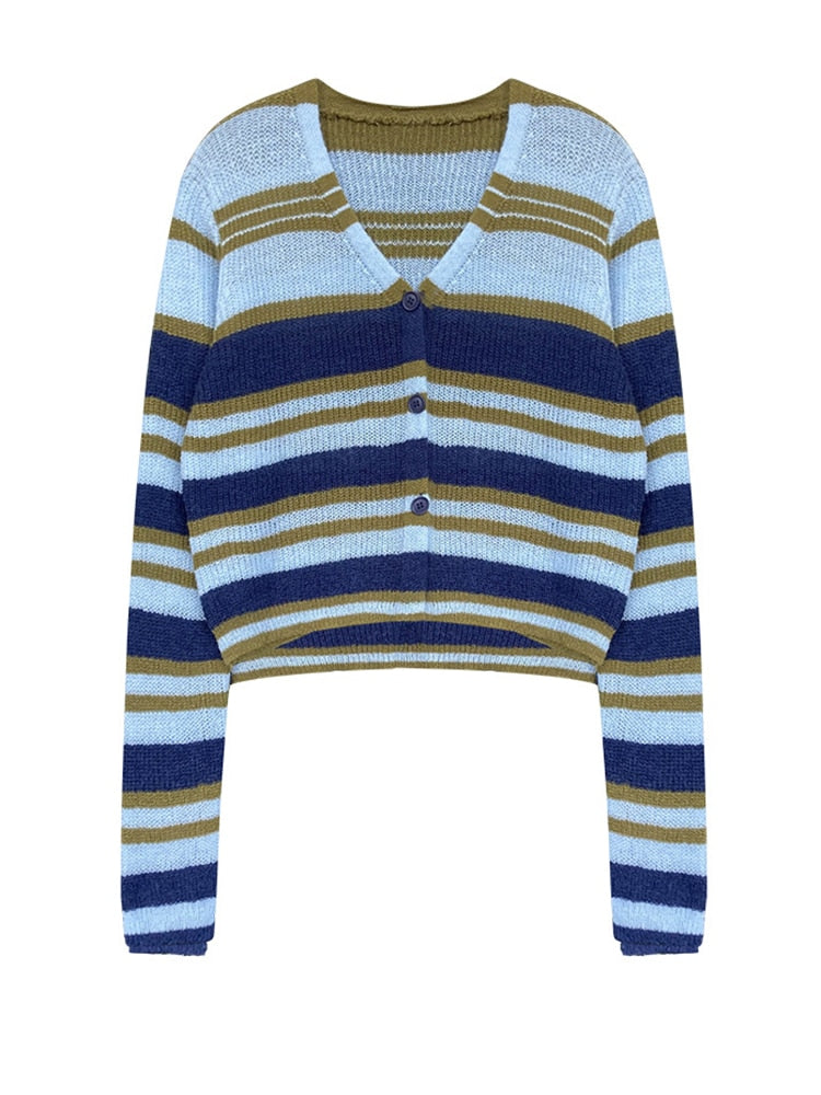 Blue Striped Thin Knitting Cardigan Sweater Loose Fit V-Neck Long Sleeve Women New Fashion Trend Autumn Winter - Mammalook