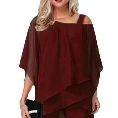 Women's New European and American Fashion Solid Color Loose Leisure Bat Sleeve Long Pants Irregular Fashion Casual Set - Mammalook