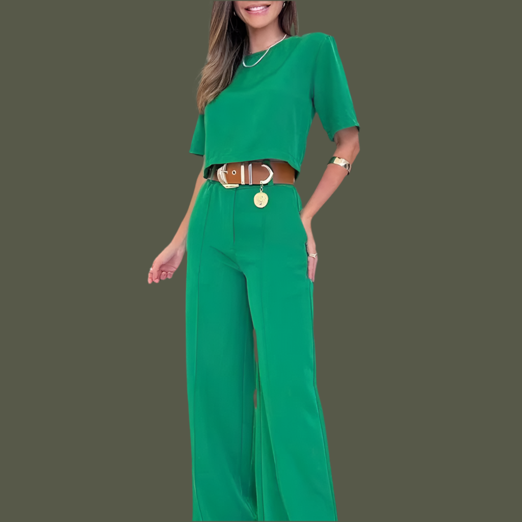 2-Piece Set: Wide-Leg Pants and Short-Sleeve Blouse