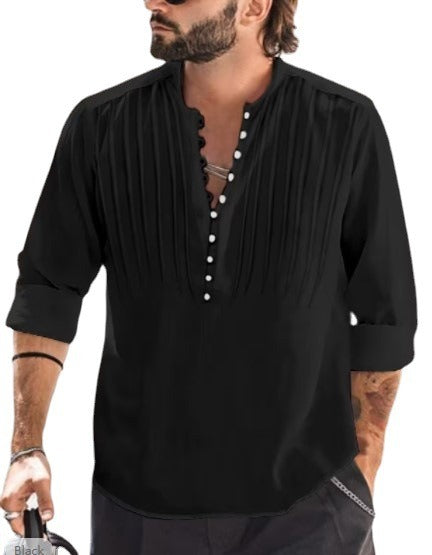 Cotton and Linen Mens Casual Button Round Neck Solid Standing Collar Shirt - Mammalook