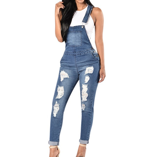 Women Overalls Cool Denim Jumpsuit Ripped Holes Casual Jeans Sleeveless Jumpsuits - Mammalook