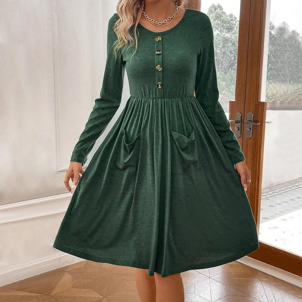 Waist collection round neck A-line skirt button pocket knitted long sleeved dress - Mammalook