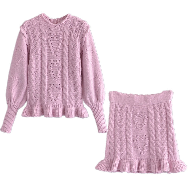 Knitted Twist Puff Long Sleeve Pullover Sweater with Ruffles Hem and High Waist Mini Skirt - Mammalook