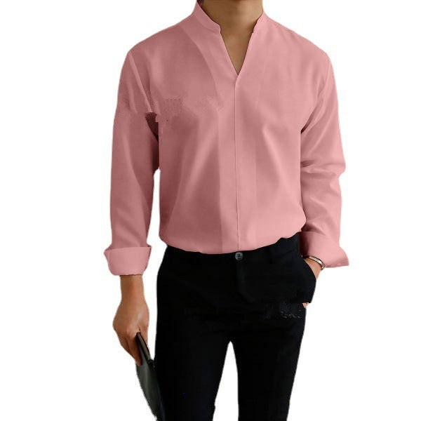 Shirt Men's Standing Collar Solid Color Fit Men's Shirt All Seasons - Mammalook