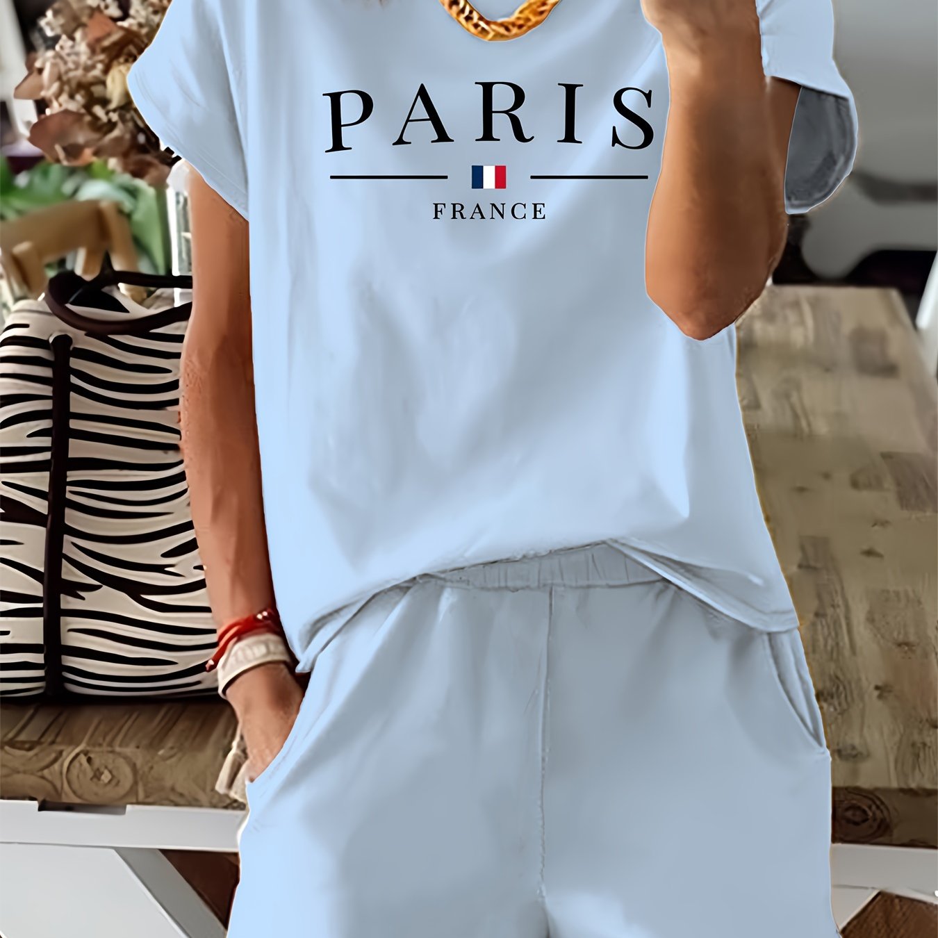 Women's Casual Two-Piece Set: 'Paris' Print Crew Neck Short Sleeve T-Shirt & Elastic Waist Slant Pocket Shorts - Mammalook