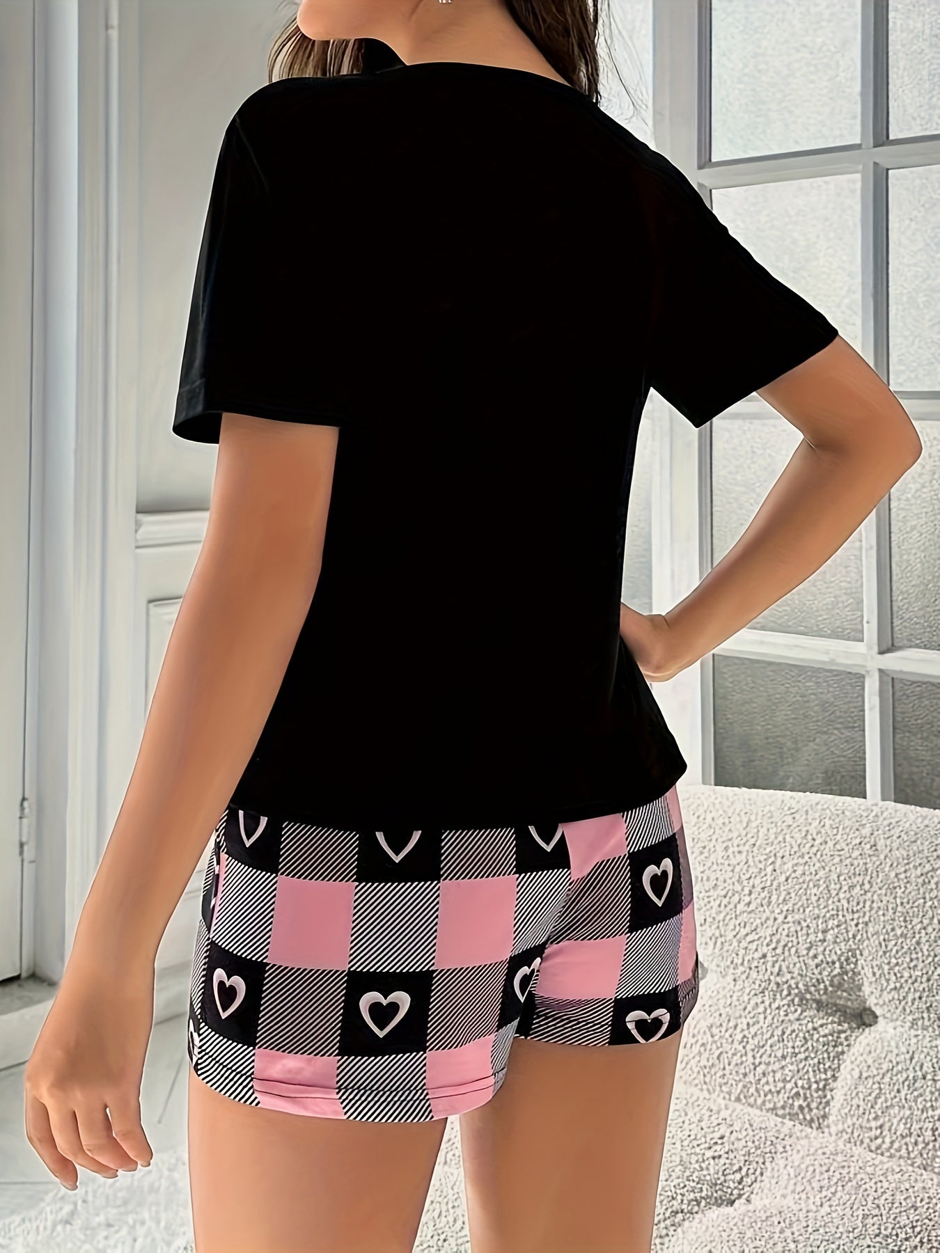 Cozy Heart & Letter Print Pajama Set - Short Sleeve Round Neck Top & Plaid Shorts - Womens Soft, Stylish Sleep & Loungewear for Nighttime Comfort and Relaxation - Mammalook