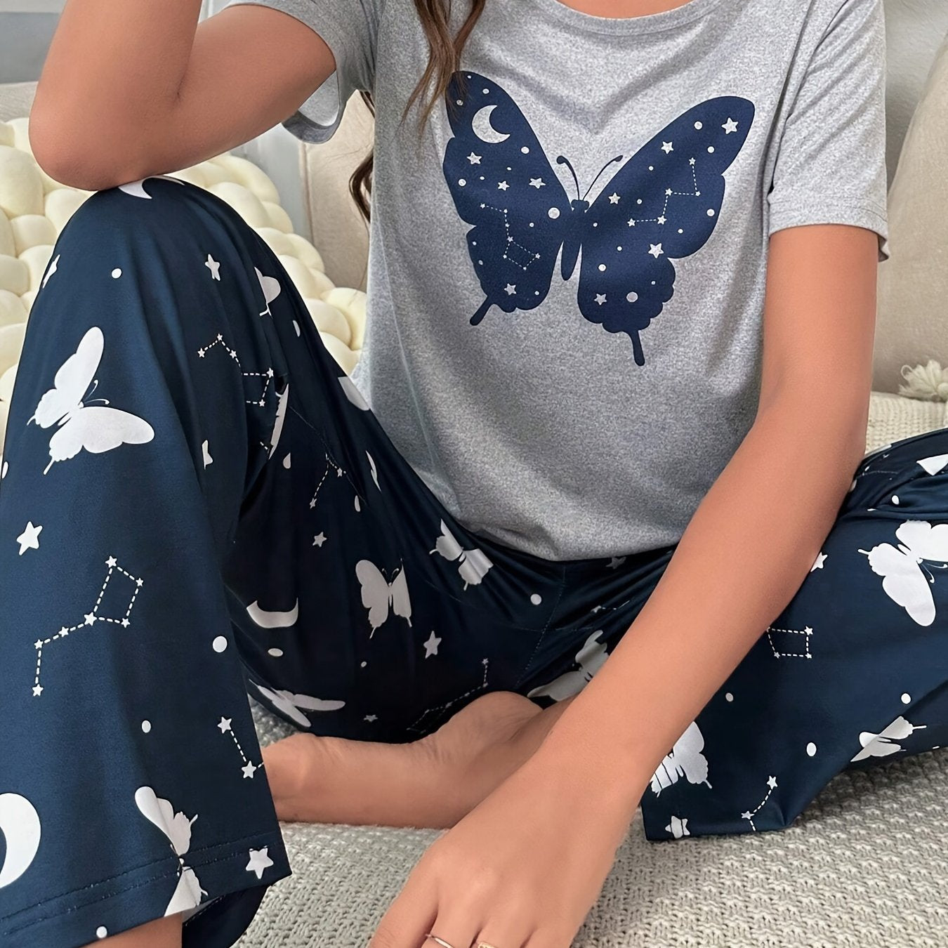 Women's Butterfly & Constellation Print Casual Pajama Set, Short Sleeve Round Neck Top & Pants, Comfortable Relaxed Fit - Mammalook