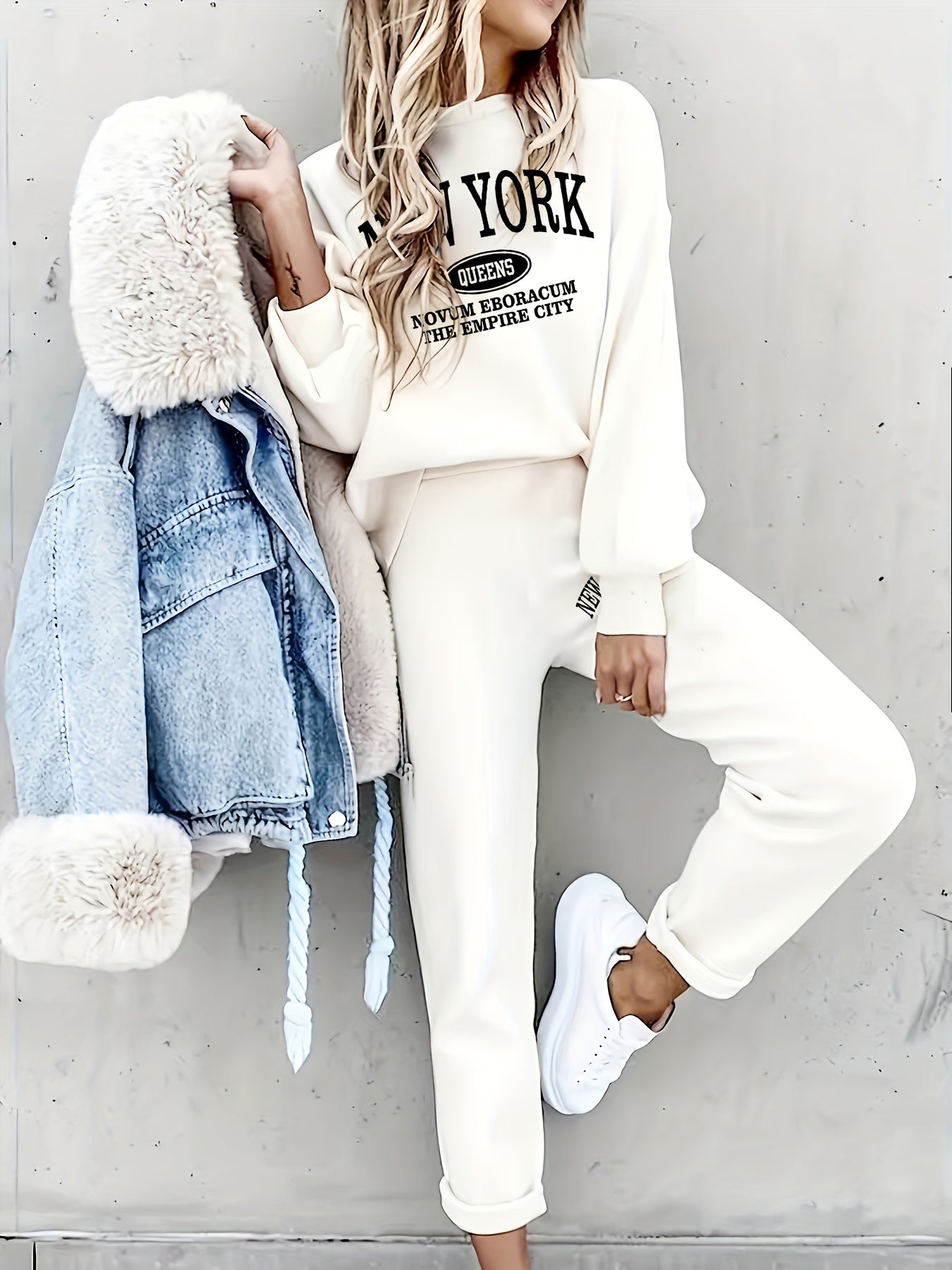 Women's Casual Two-Piece Set: Letter Print Crew Neck Sweatshirt & Elastic Waist Straight-Leg Pants - Mammalook