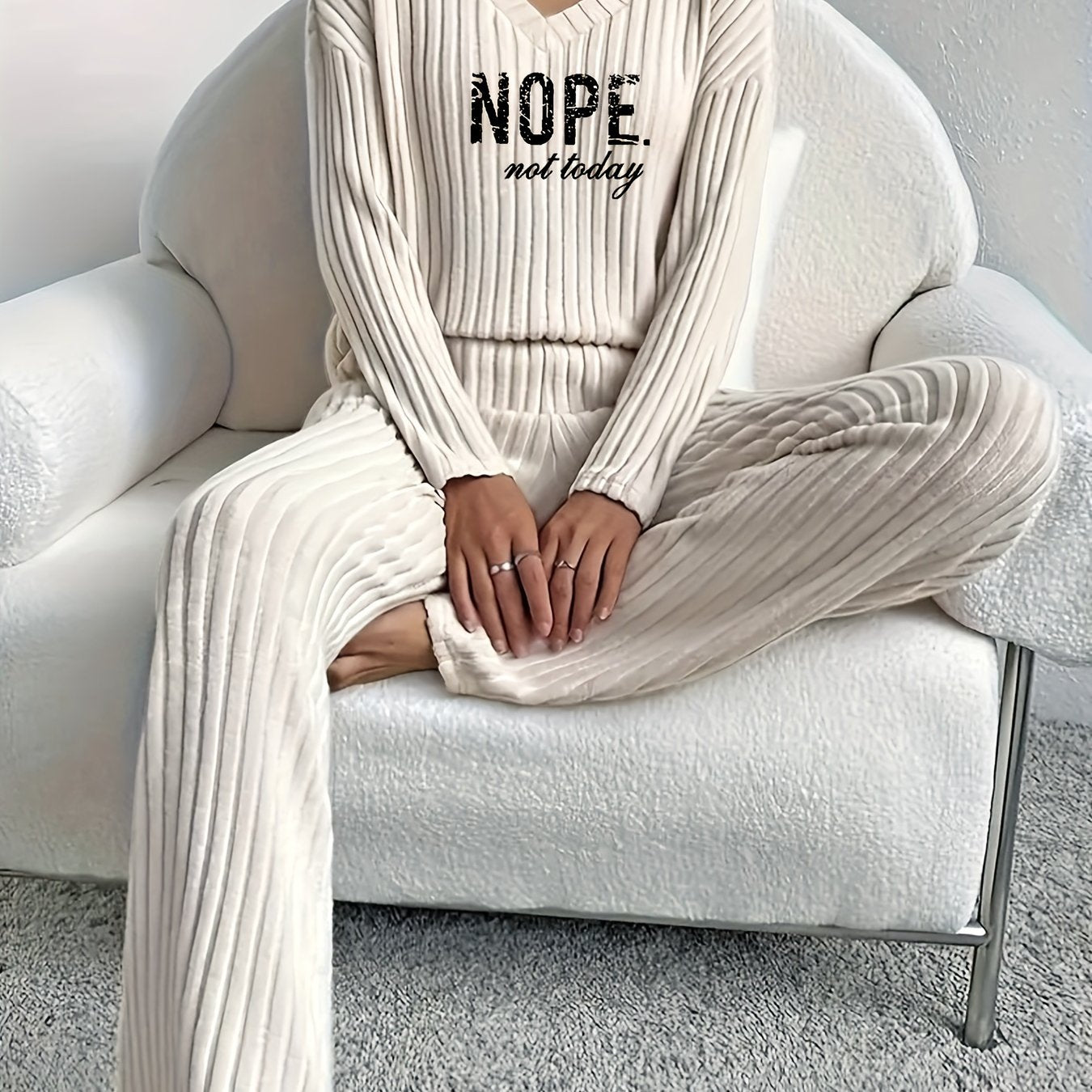 Women’s Casual Two-Piece Set: ‘NOPE’ Print V-Neck Long Sleeve T-Shirt & Solid Pants - Mammalook