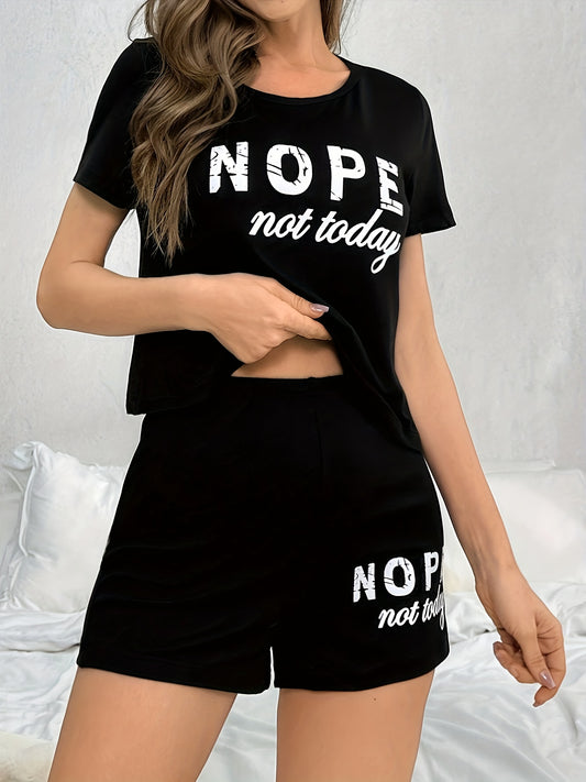 Slogan Print Lounge Set, Casual Short Sleeve Round Neck Top & Elastic Shorts, Women's Loungewear - Mammalook