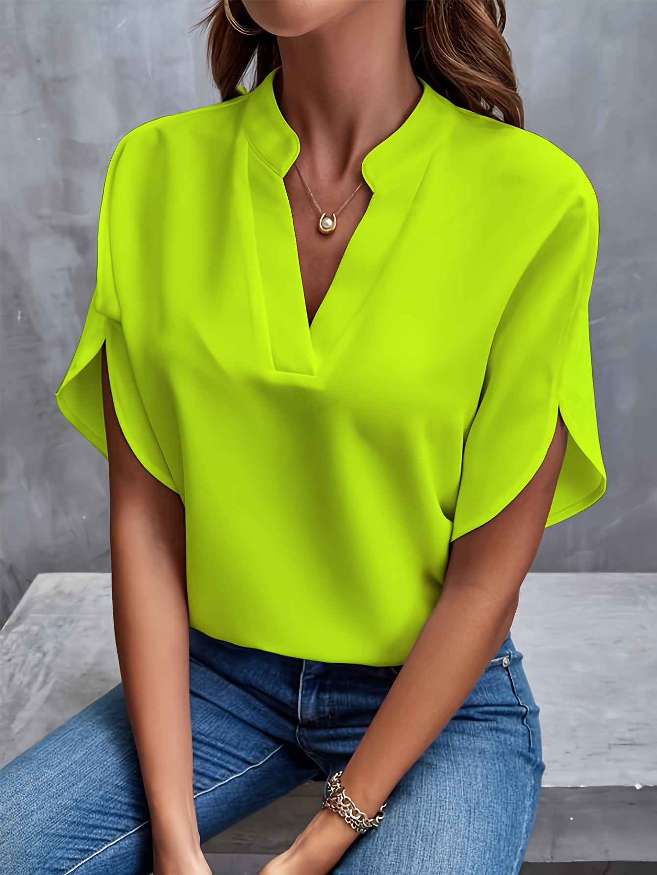 Solid Color Notch Neck Blouse, Casual Short Split Sleeve Blouse For Spring & Summer, Women's Clothing - Mammalook