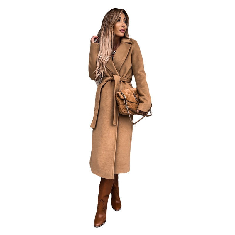 Women's Solid Color Lapel Long-Sleeved Woollen Jacket with Simple Strap Windbreaker - Mammalook