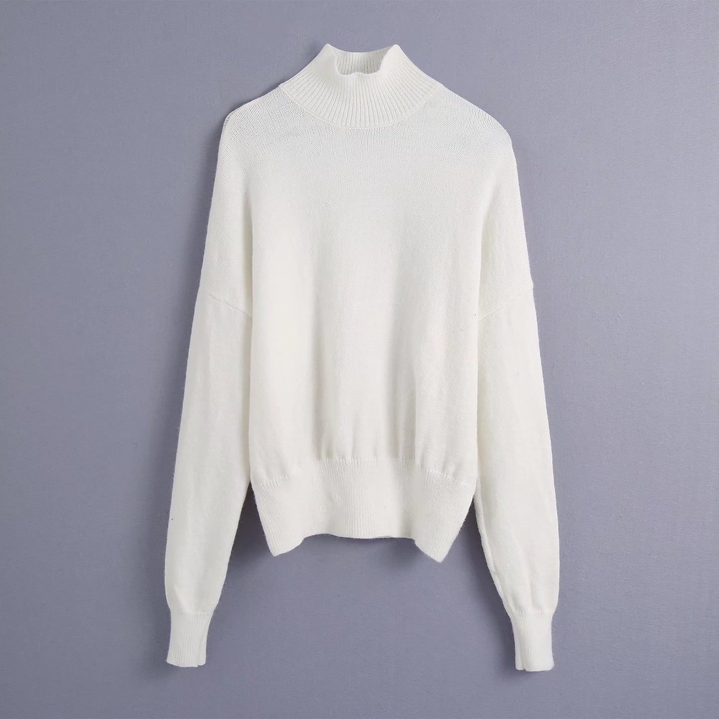 Women Fashion Solid Knit Sweater Top Long Sleeves High Neck Vintage Female Knitted Sweaters Pullover Chic Tops - Mammalook