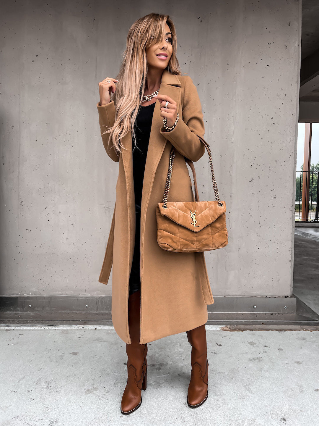 Women's Solid Color Lapel Long-Sleeved Woollen Jacket with Simple Strap Windbreaker - Mammalook