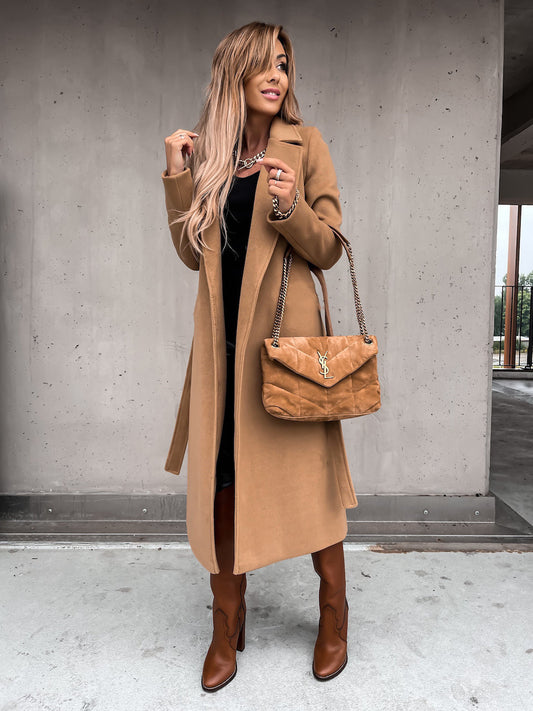 Women's Solid Color Lapel Long-Sleeved Woollen Jacket with Simple Strap Windbreaker - Mammalook