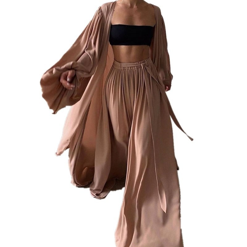 Loose Minimalist Three Piece Set For Women Slim Vest Lantern Long Sleeve Coat Wide Leg Pants Casual Sets Female - Mammalook