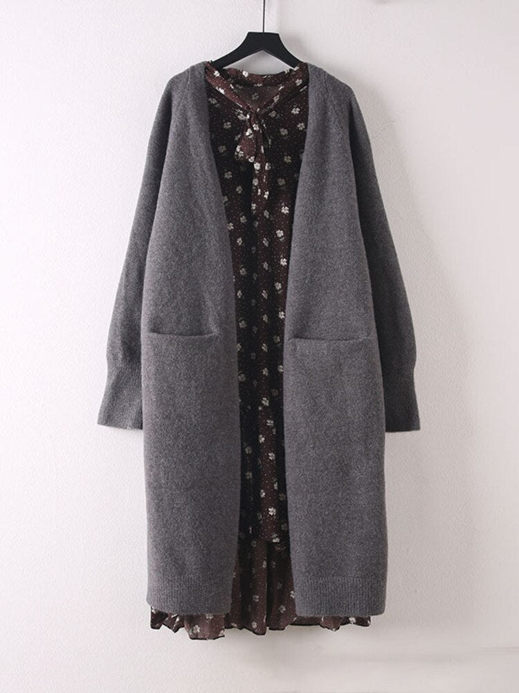 Woman Knitted Sweater Solid Pockets Long Sleeve Cardigan Simple Elastic Loose Casual Style Top New Autumn Fashion - Mammalook