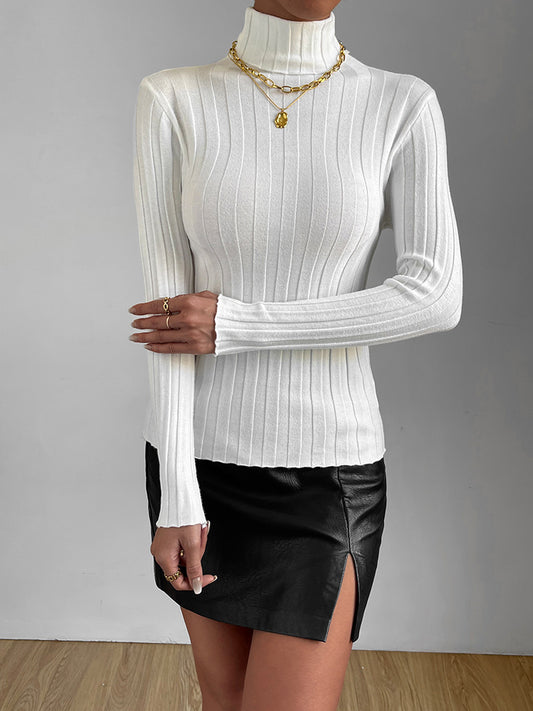 Women's Solid Color Knitwear Comfortable Slim Long Sleeve Top High Neck Sweater - Mammalook
