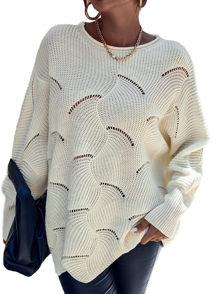 Women's Solid Color Crochet Knit Sweater Round Neck Solid Color Long Sleeve Pullover Sweater - Mammalook