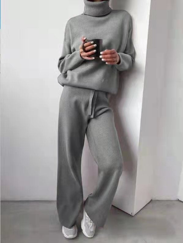 High necked solid color sweater knitted pants for women - Mammalook