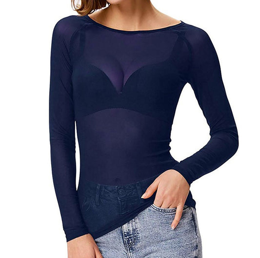 Mesh bottom shirt for women's long sleeved thin mesh shirt elastic top for women's clothing - Mammalook