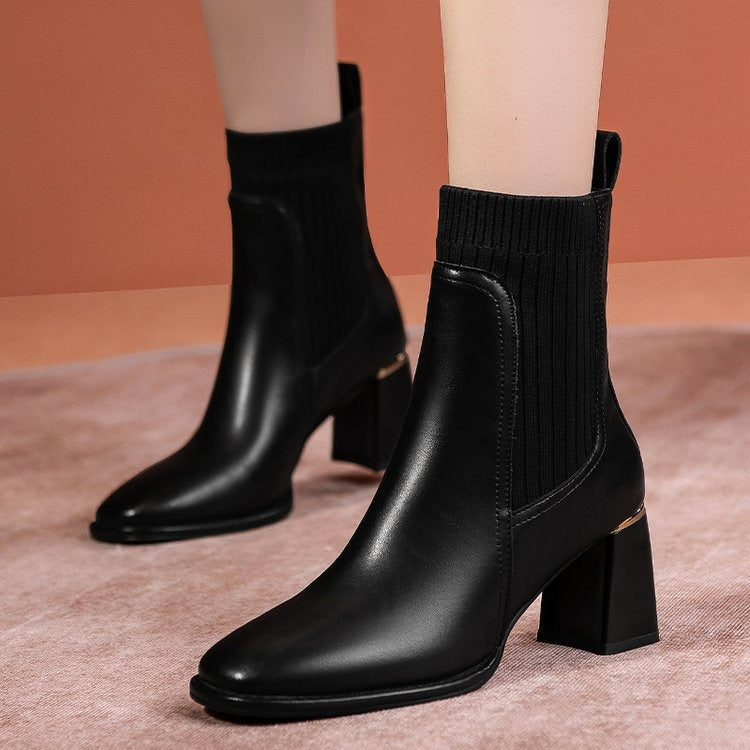Spring, Autumn, and Winter New Women's Boots Thick Heel Square Head Short Boots Women's High Heel Knitted Woolen Socks Boots Elastic Martin Boots - Mammalook