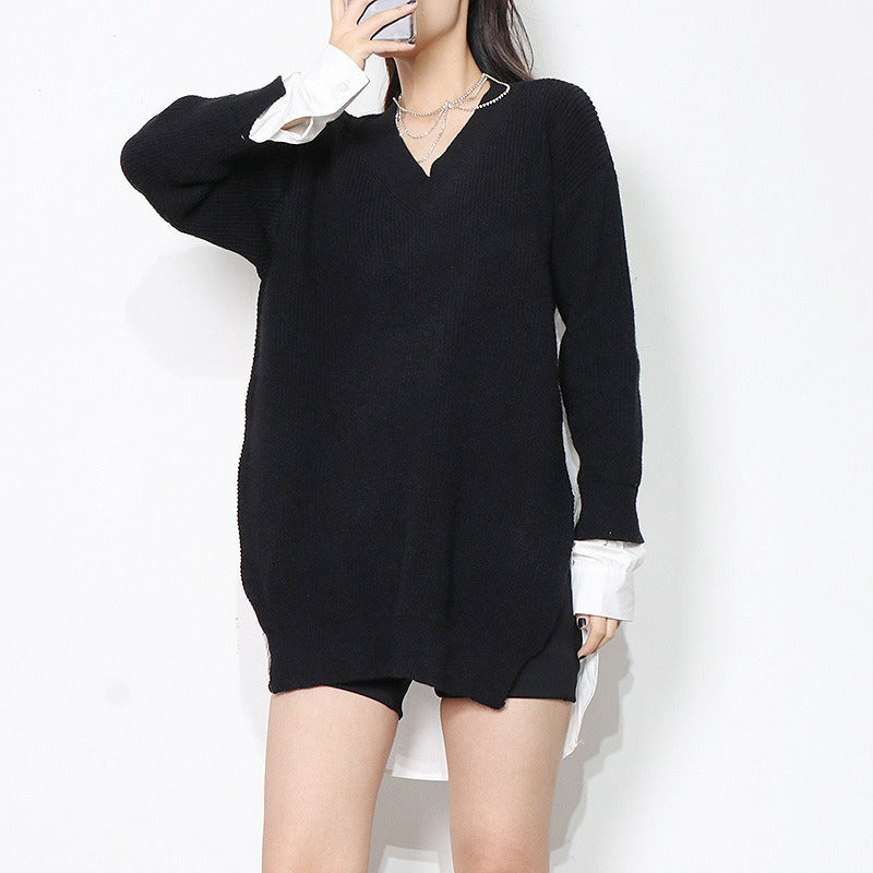 Patchwork Colorblock Sweater For Women V Neck Long Sleeve Loose Straight Knitting Pullover Female Fashion Clothing - Mammalook