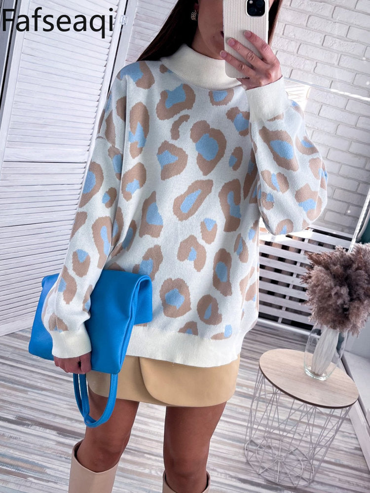 Winter Women's Sweater Leopard Print Animal Basic Thick Turtleneck Oversize Jumper Sotf Warm Knitted Sweaters for Womens - Mammalook